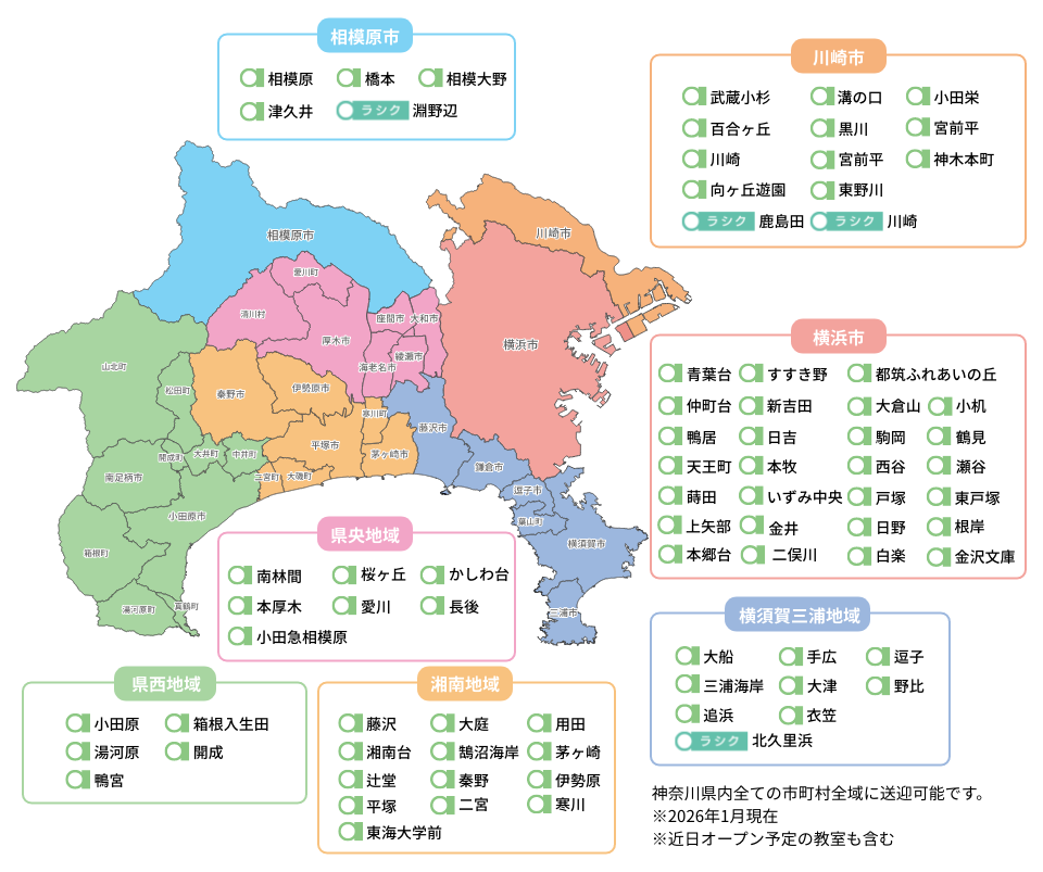 神奈川県内を地域別に色分けし、各市区町村と対応する駅名を一覧で示したエリアマップ図